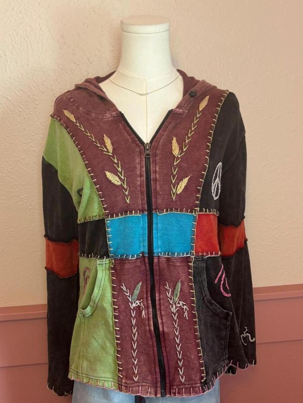hippie patchwork zip up jacket  kpc multi colored sz large embroidered goblin